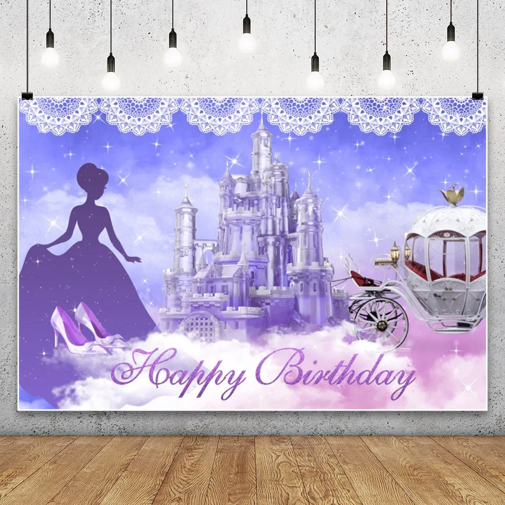 Fairy Tale Pink Castle Background Little Princess Happy Birthday Party Unicorn Carriage Glitter Stars Photography Backdrop Photo