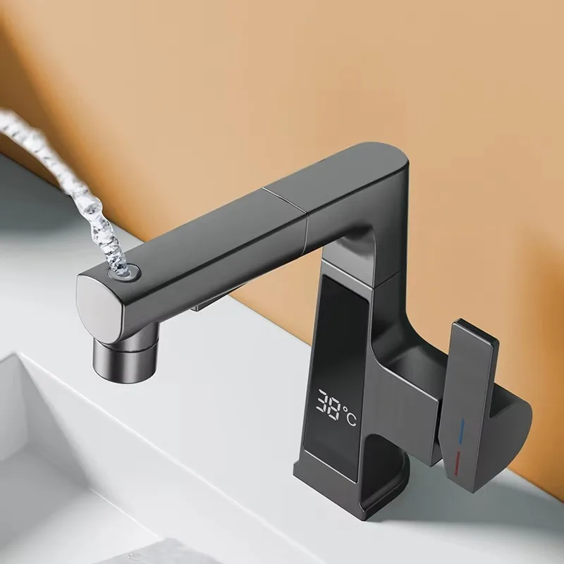 2026 Modern Bathroom Sink Faucet Swivel Lift Pull Out Digital Display Temperature Control Single Handle Deck Mounted Basin Tap