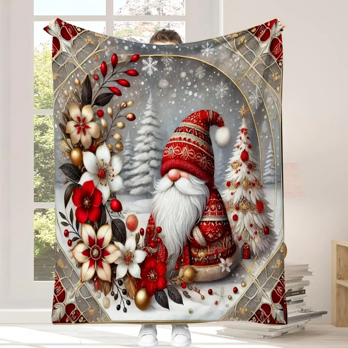 Cozy Christmas Gnome Santa Claus Winter Forest Throw Blanket Holiday Decor Xmas Gift for Home