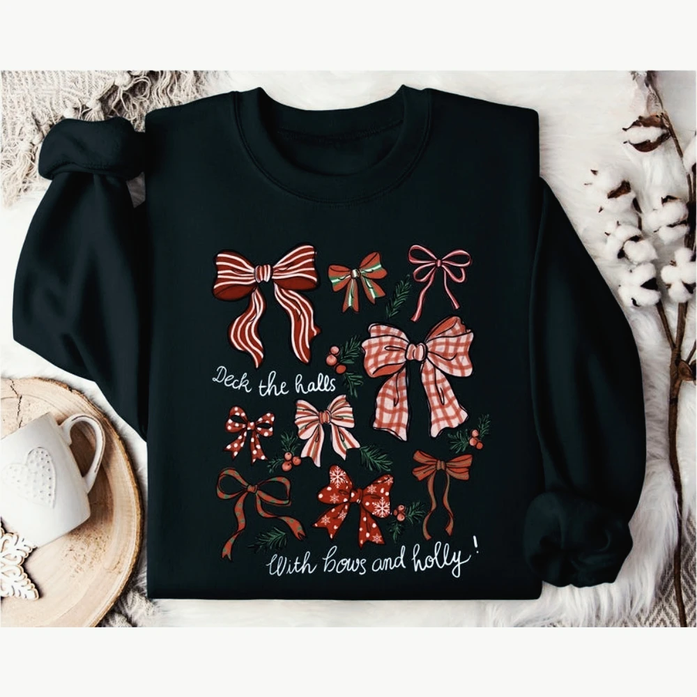 

Толстовка Deck The Halls с бантами и Холли, праздничная рождественская одежда, праздничный сезон, женский пуловер, уличная одежда с рождественским бантом