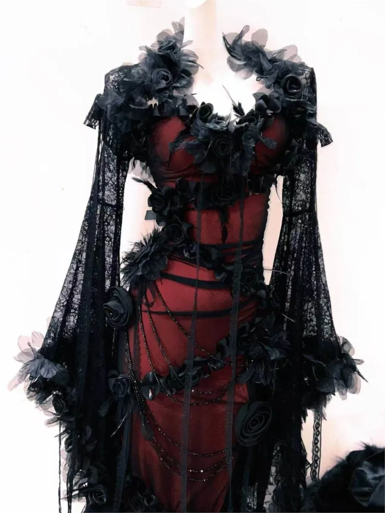 Dark rose collar beaded tulle dress