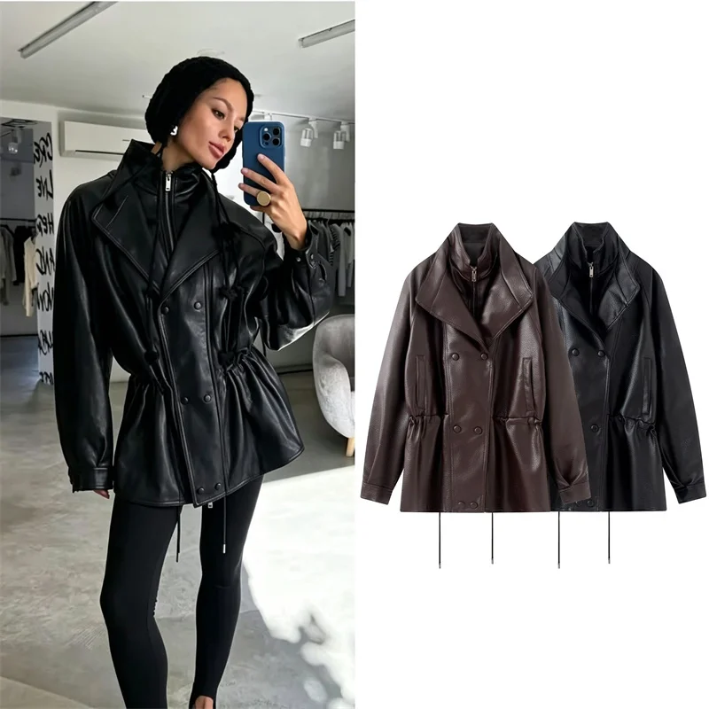 Guobioziy Women's Coat 2026 Autumn/Winter New Double-Layer Collar with Gathered Waist Mid-Length Stand Collar Faux Leather Coat