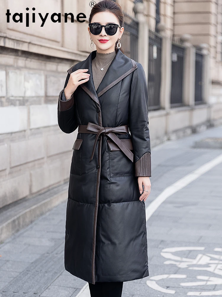 معطف نسائي من TAJIYANE مصنوع من جلد الغنم الحقيقي معطف نسائي ضيق طويل من الجلد الطبيعي معاطف بياقة من فرو الثعلب ملابس نسائية شتوية 2025 #3