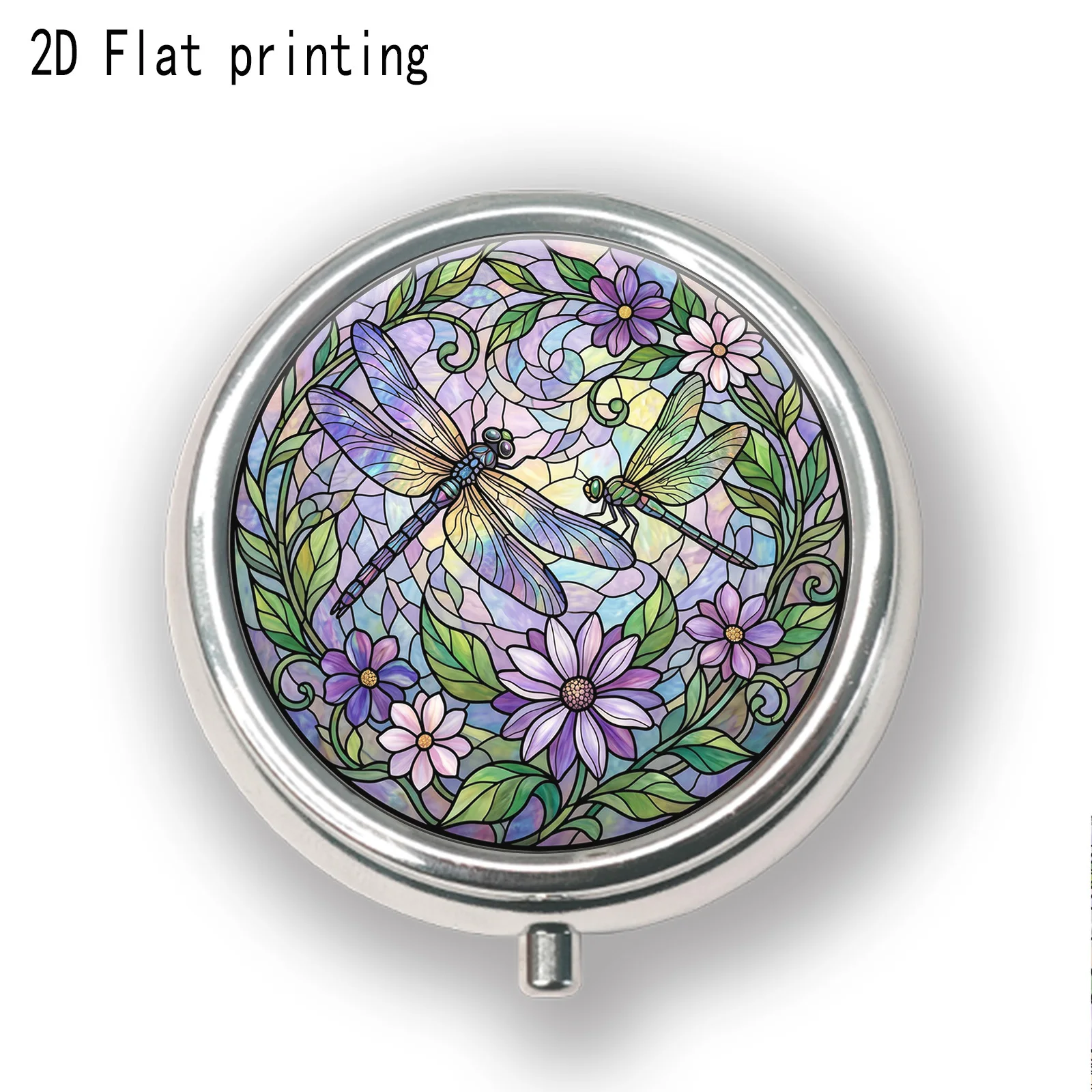 Single-Pack, Flat-Printed, Portable Mini Three-Compartment Pill Box, with Artistic Print of Painted Glass Dragonflies, Purple Flowers, and Vines, Travel Medicine Storage Box, Sealed and Moisture-Proof, Capsule Vitamin Storage Box, Small Portable Pill Box