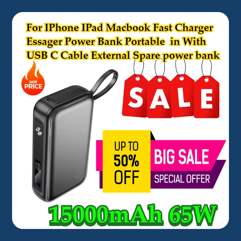

For IPhone IPad Macbook 65W Fast Charger Essager Power Bank Portable 15000mAh in With USB C Cable External Spare power bank