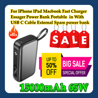 For IPhone IPad Macbook 65W Fast Charger Essager Power Bank Portable 15000mAh in With USB C Cable External Spare power bank