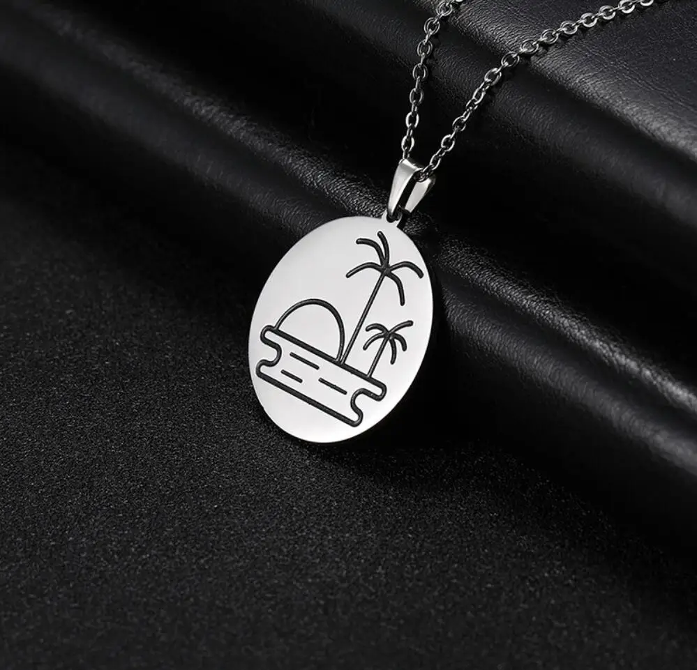 1PC Coconut Tree Sun Mountain Pendant Necklace Happy Camper Scenery Stainless Steel Golden Chain Necklaces Jewelry Gift F1579