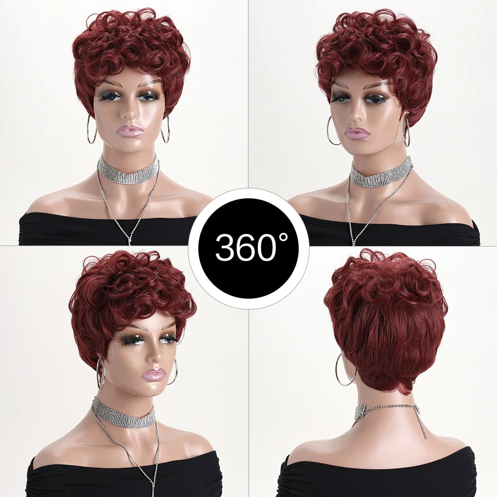 شعر مستعار قصير بيكسي للنساء ذوات البشرة السمراء، شعر صناعي مجعد طبيعي مموج أسود، شعر مستعار أنيق قصير أنثوي