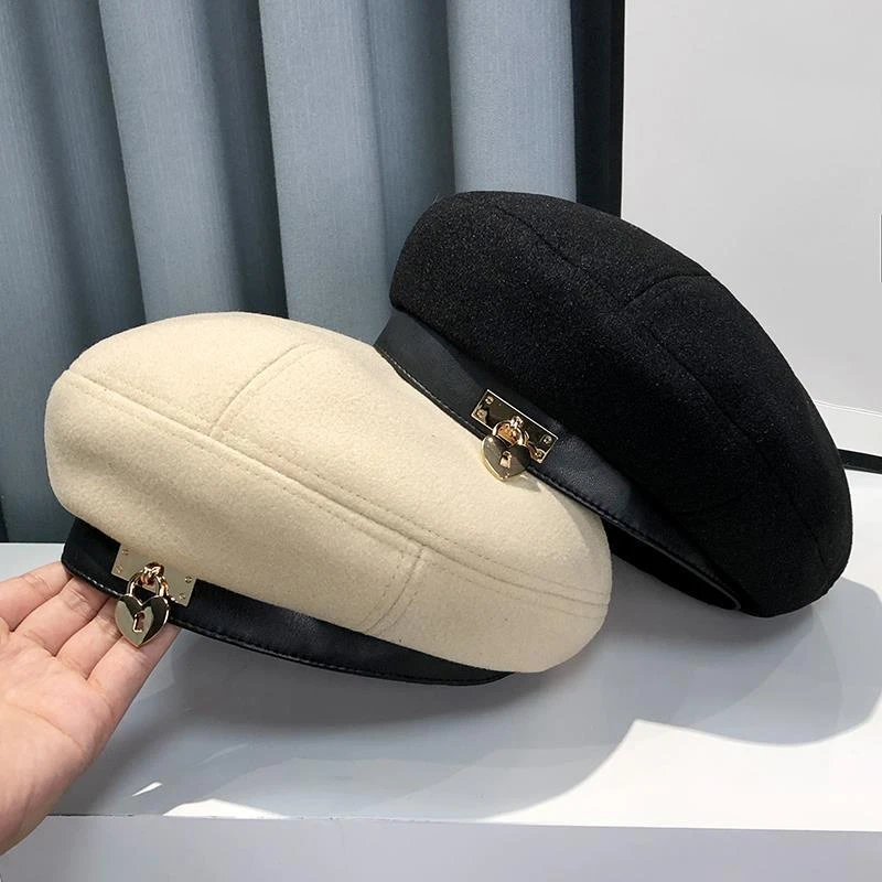 Fashion metal heart button beret women autumn winter wool bud hat British vintage Japanese niche design painter hat