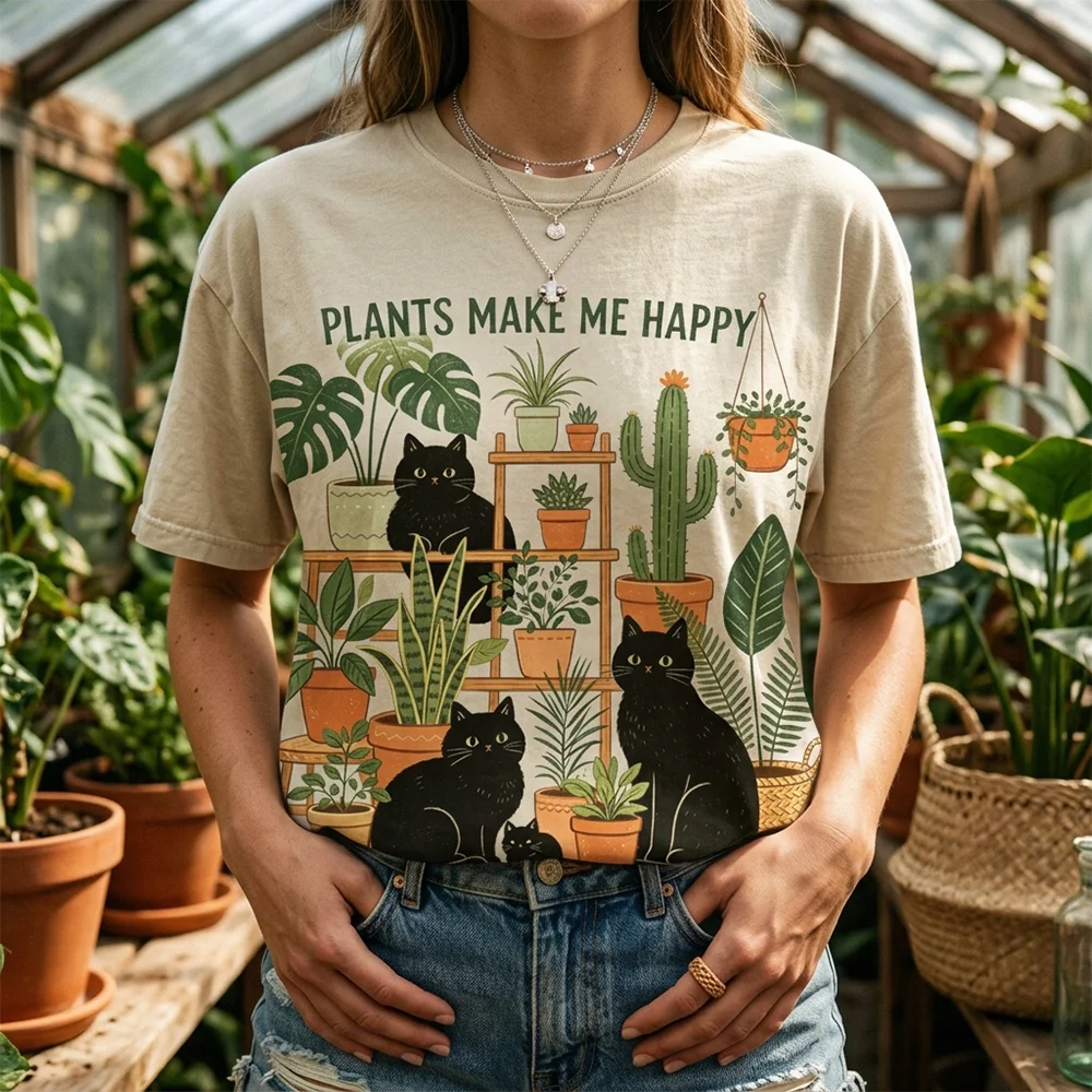Women Plants Make Me Happy Cute Gardening Plant Lover Floral T-ShirtGift Casual Nature Green Outdoor Apparel ﻿