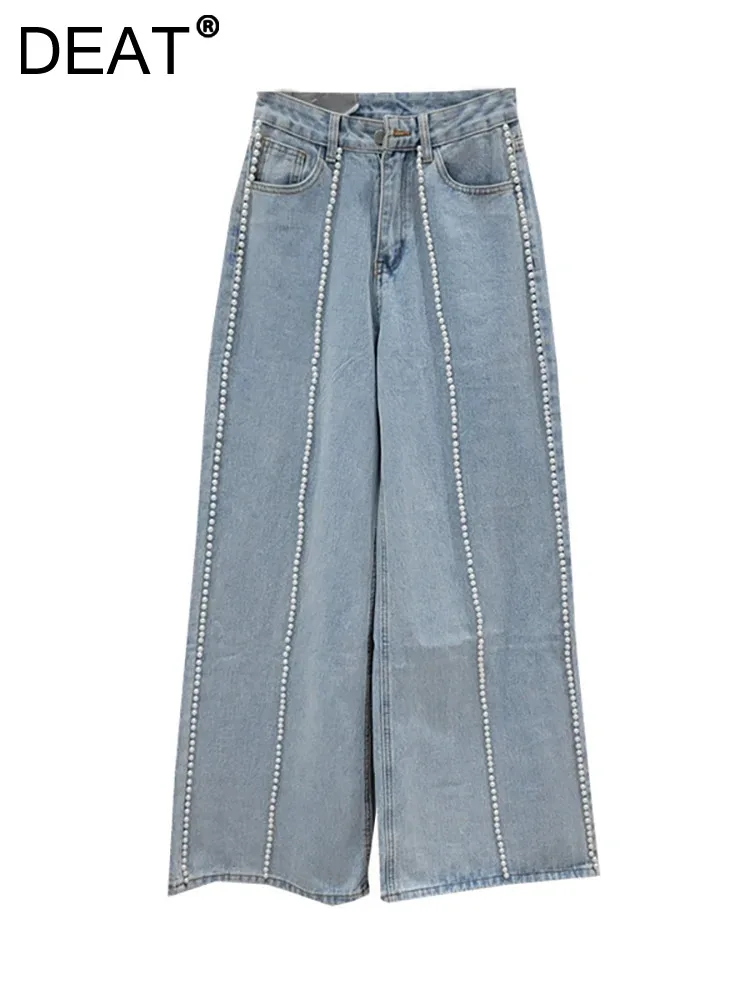 

DEAT Women's Jeans High Waist Wide Leg Loose Pearls Straight Light Blue Full Length Denim Pants 2024 Summer New Fashion 29L7282