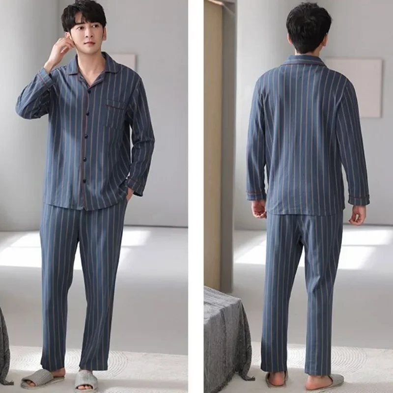 2024 New Pajamas Men Spring Autumn V-neck Sleepwear Cotton Long-sleeved Loungewear Youth Loose Cardigan Leisure Homewear Suit