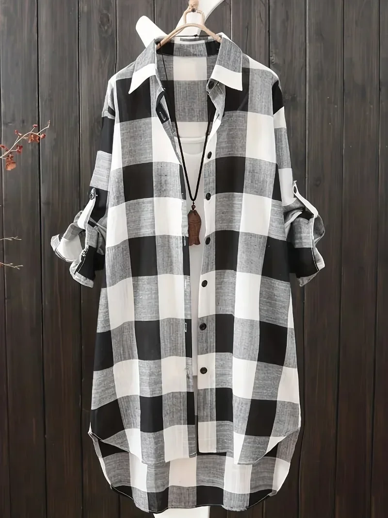 Damska bluzka Plus Size XL-5XL Casual Blouse Plaid Print Button Up Roll Up Long Sleeve Lapel Collar Longline Shirt Top