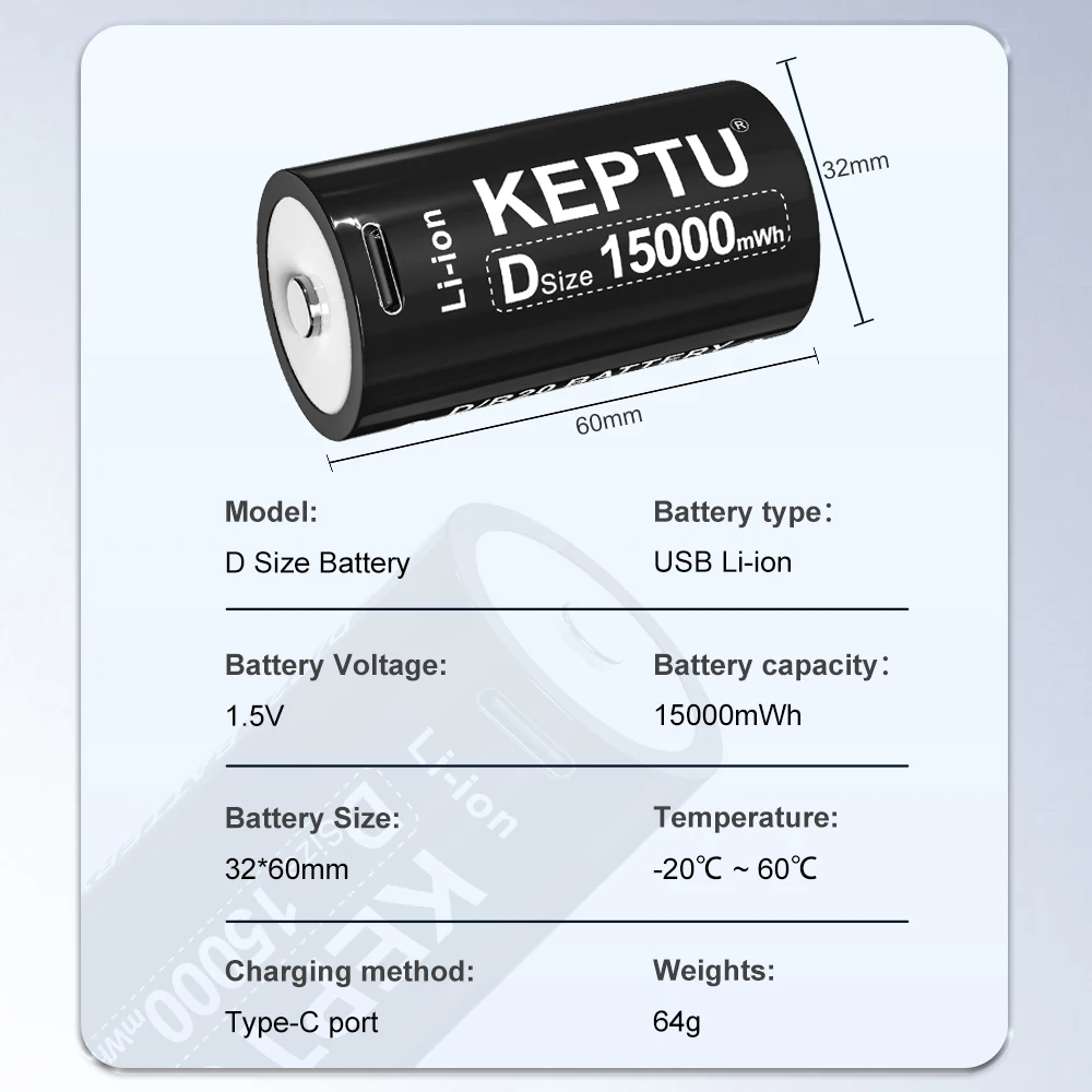 USB Rechargeable D Size Batteries R20 LR20 HR20 Li-ion 1.5V 15000mWh with Type-C Cable for Gas Appliances