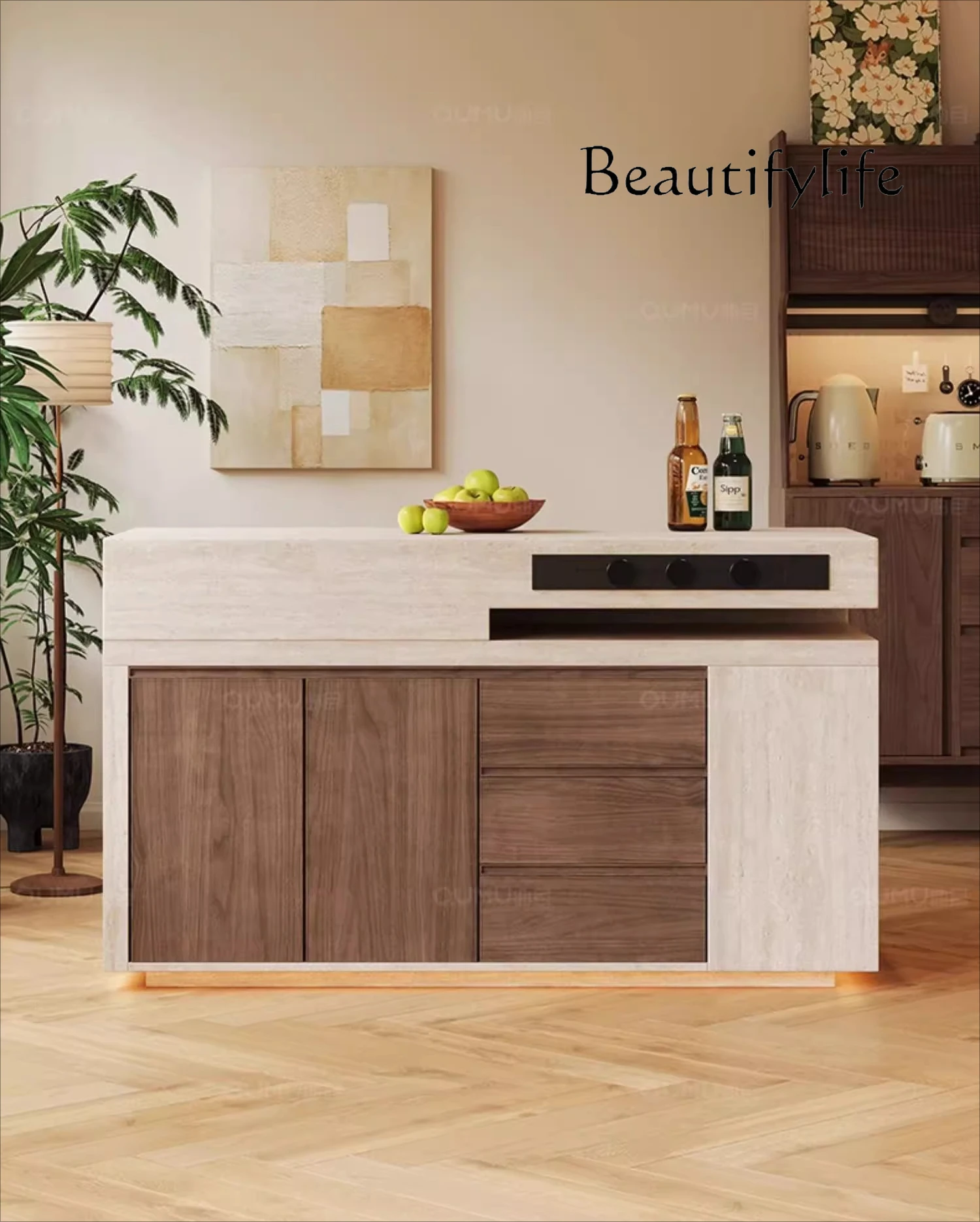 Travertine Nakajima platform rock slab retro high-end home walnut bar with storage can be customized single guide table