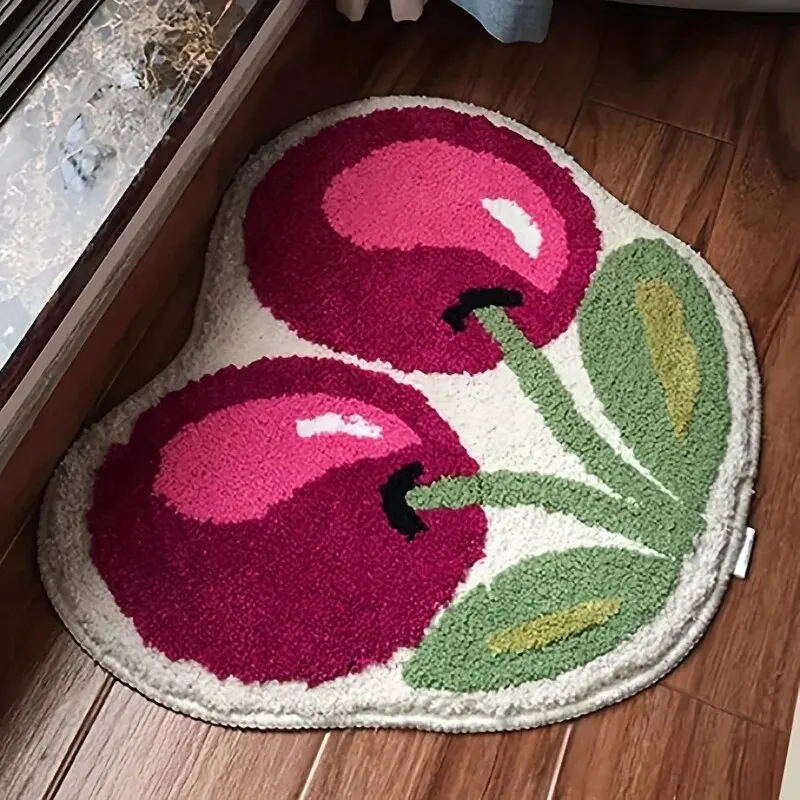 Cute Cherry Bath Mat, Absorbent Microfiber Bathroom Rugs, Fluffy Non-Slip Fruit Shaped Doormat, Bathtub Carpet For Bathroom