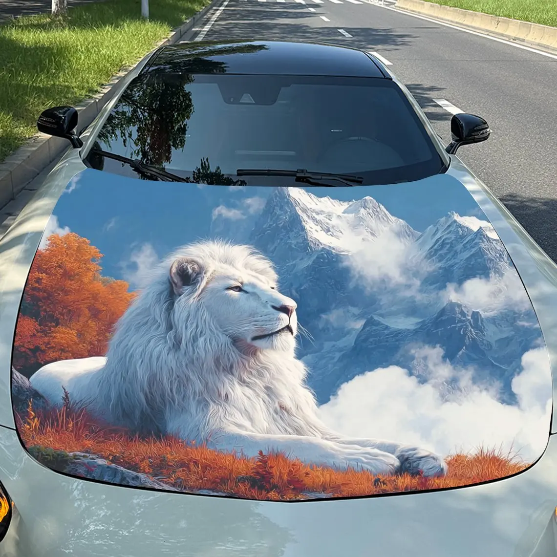 

Snow Mountain White Lion Car Hood Vinyl Wrap - Self-Adhesive Scratch-Resistant Waterproof PVC Decal, Fit For Trucks & Cars, Dura