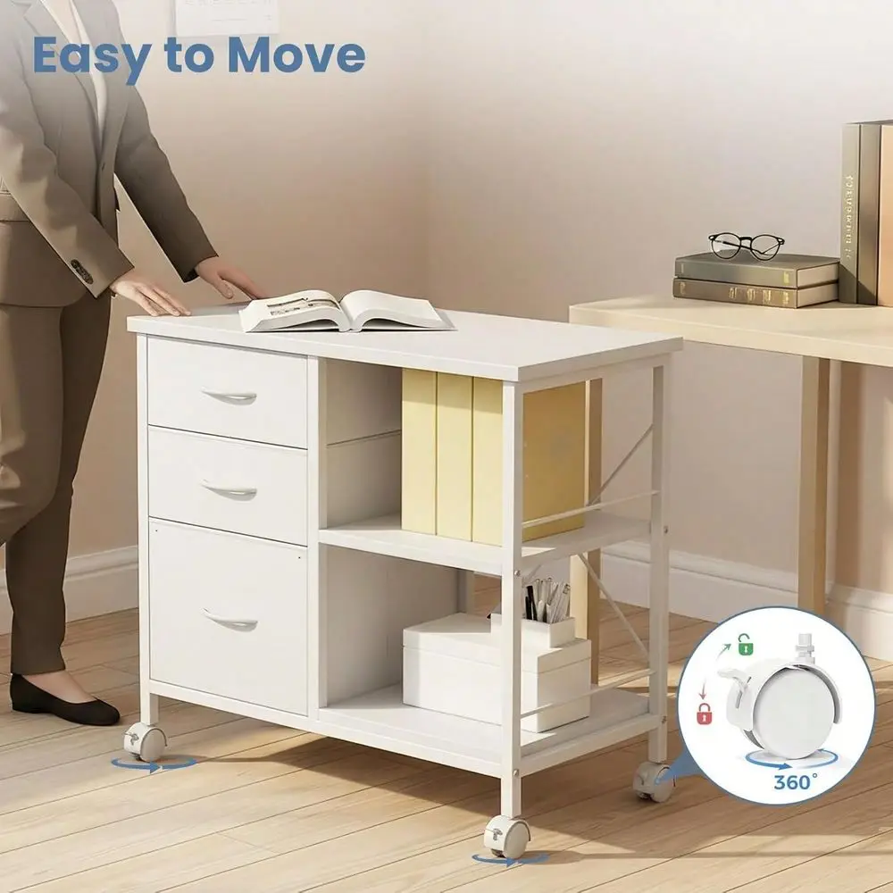 

3Tier Mobile File Cabinet, Printer Stand With Storage, Office Table With Drawers And Back Support Bar, Holds 110lb For Home Off