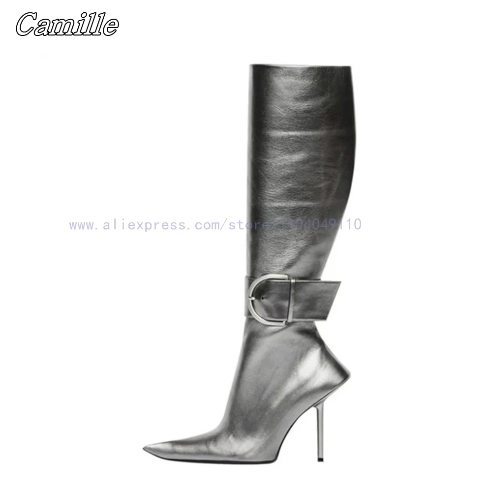 Genuine Leather Metal Decoration Catwalk Style Knee High Boots Autumn New All-Match Casual Boots Pointed Toe Sexy Women Boots