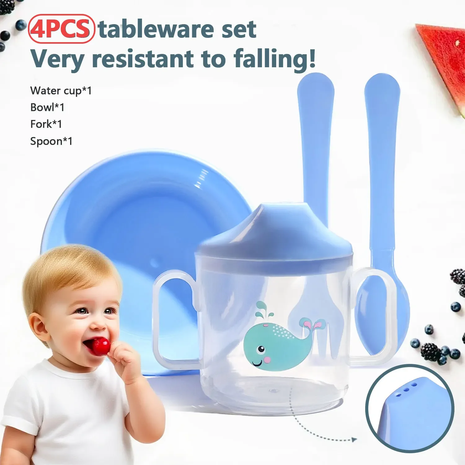 

Набор детской посуды из 4 предметов, чашка для воды в виде утконоса, миска, ложка и вилка, ПП, устойчивость к падениям, дополнительное питание