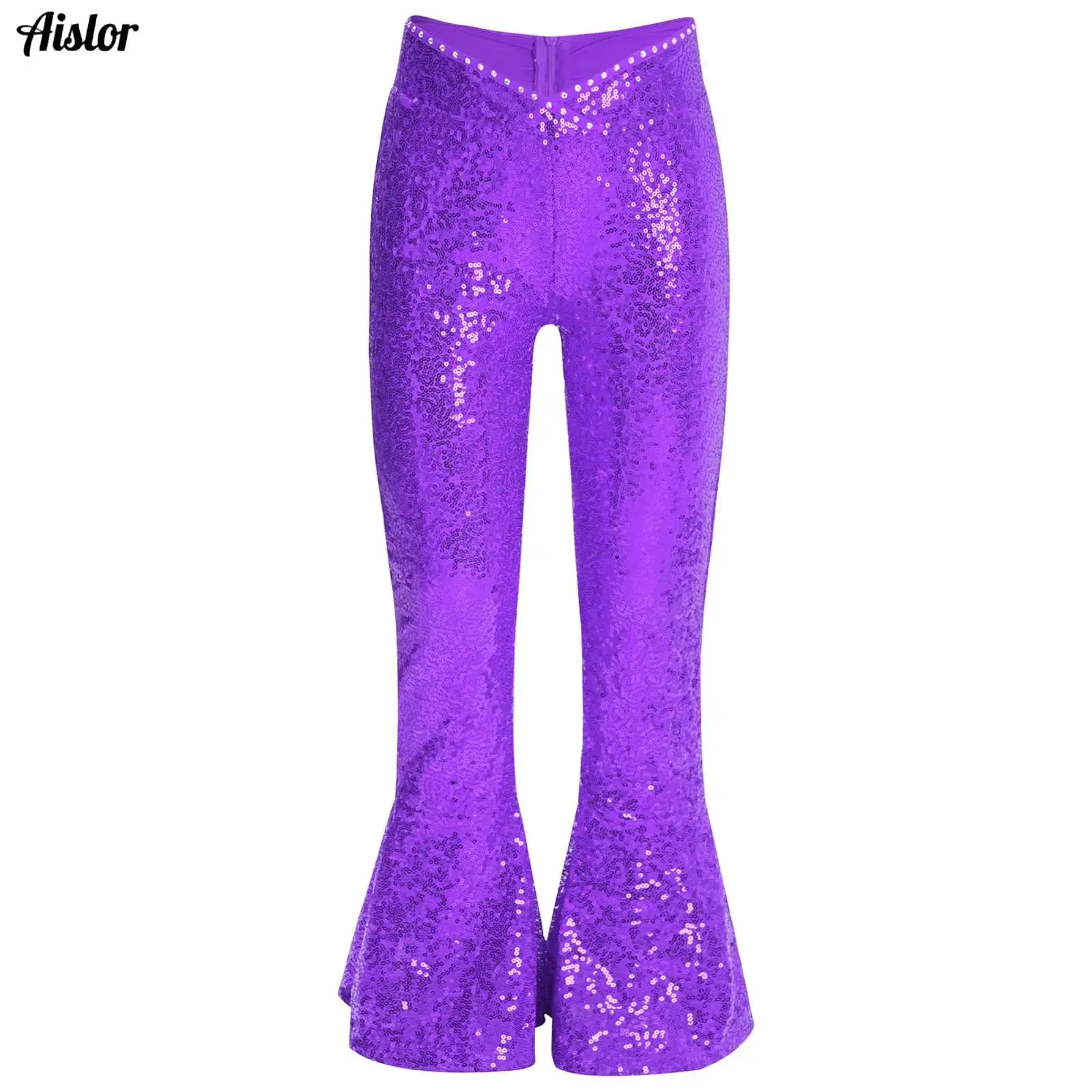 

Kids Girls Dance Pants V-Front Waistline Rhinestones Sequin Zipper Flare Pants for Jazz Latin Dance Performance Competition
