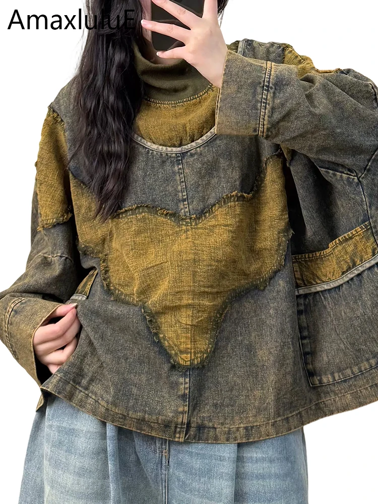 Amax LuluE 2026 Autumn Womens Vintage Patchwork Turtleneck Knitted Denim Jackets Loose Fashion Coats Classic Oversized Outerwear