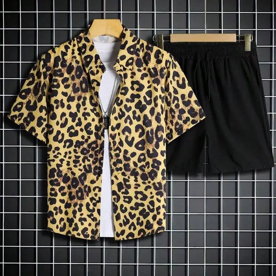 

Leopard Print Casual Short Sleeve Shirt And Black Shorts Set Men Summer Beach Outfit