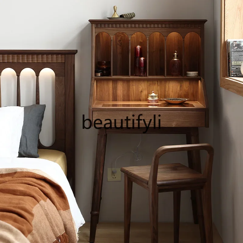 

zqqqqAll solid wood light retro dresser bedroom bedside dressing table black walnut