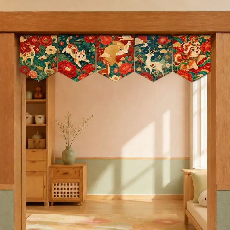 VIKAMA Triangle Flag Door Curtain Fortune Cat Peony Lotus Lantern Pennant Banner Door Hanging Chinese Japanese Style Home Decor