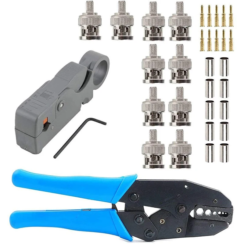 

Rotary Coaxial Cable Stripper Cutter Tool Coaxial RF Connector Crimping Tool with Male BNC Plug Crimp Connector Kits