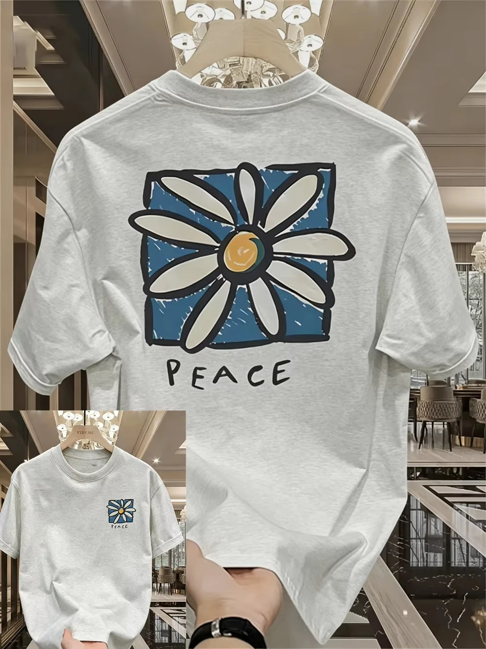 Vintage Daisy Peace Print T‑Shirt Crew Neck Short Sleeve Loose Fit Casual Hip Hop Street Tops For Men Women Summer Daily Wear