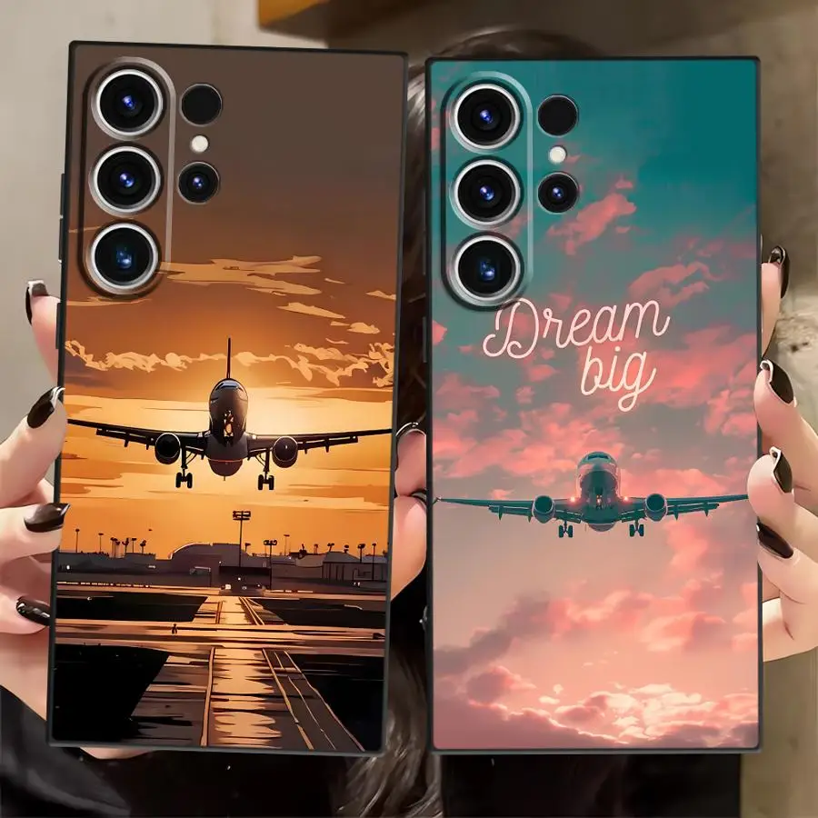 Minimalistische Flugzeughülle für Samsung Galaxy S21 Note 20 10 Plus S20 S23+ S22 S24 S23 FE S25+ S24+ S25 Ultra Schwarz Weich