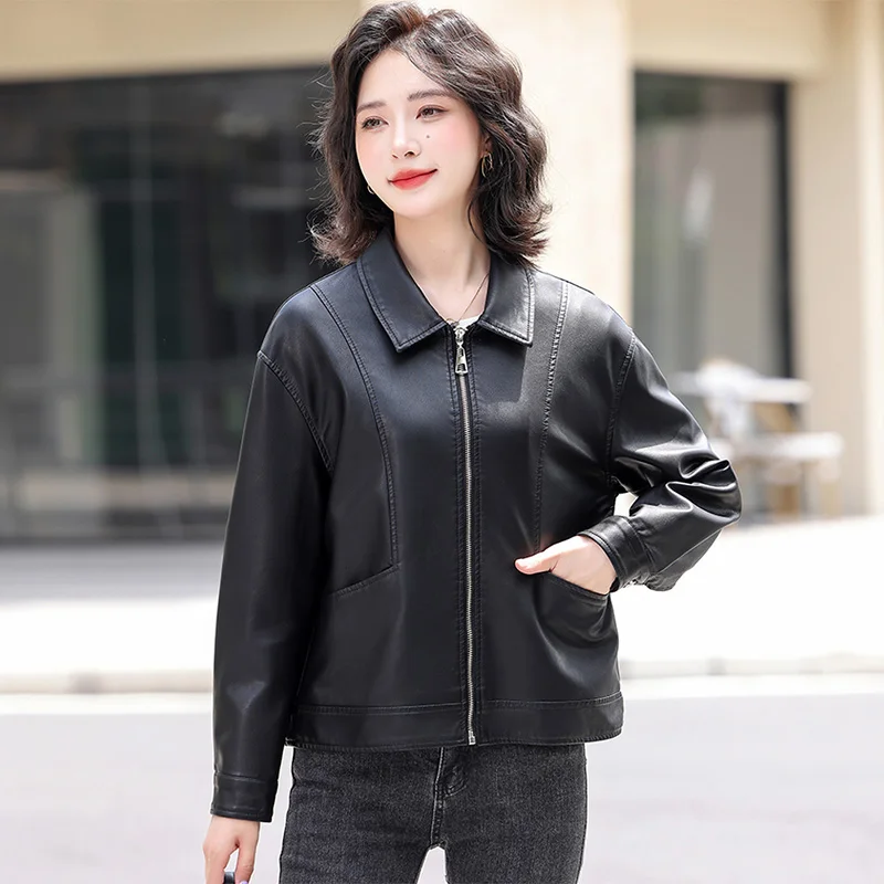 Neu Frauen Frühling Herbst Motorrad Lederjacke Mode Umlegekragen Loser Kurzmantel Lässige schwarze Jacke Spaltleder