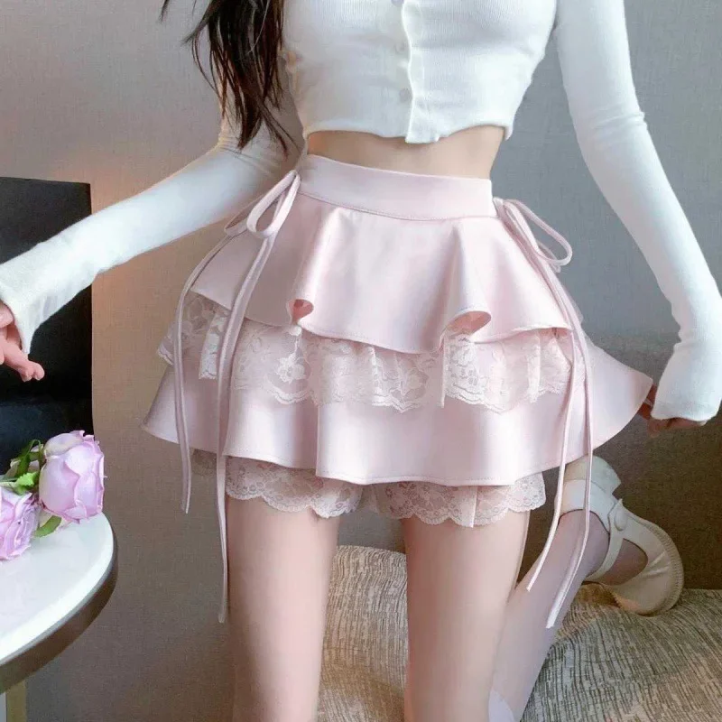 

Kawaii White Ruffle Mini Skirt Women Korean Fashion Cute Short Skirt Lady Summer Bandage Lace Double-layer High Waist Sexy Skirt