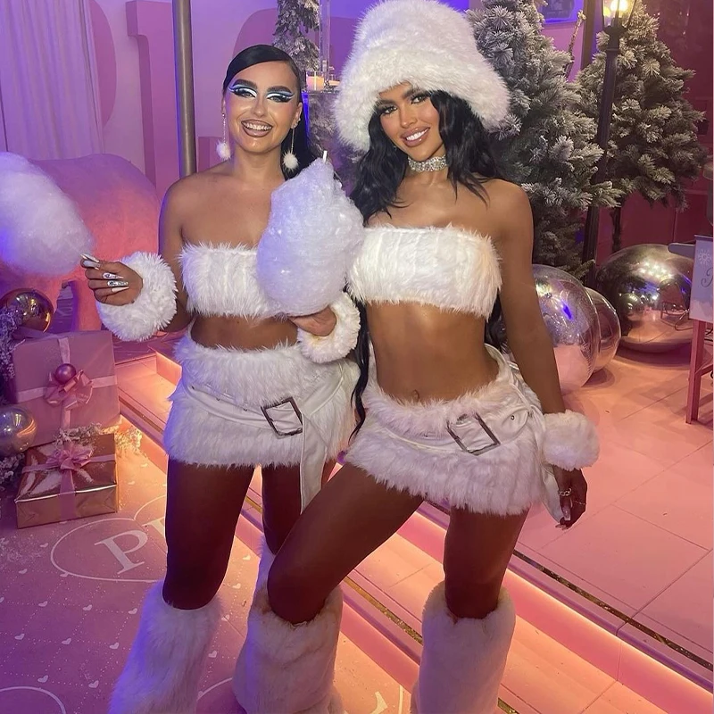 Conjuntos de falda superior de piel sintética para mujer, traje Hotsweet para mujer, fiesta de invierno, club nocturno, cena de noche, banquetes, conjuntos elegantes Ins a la moda