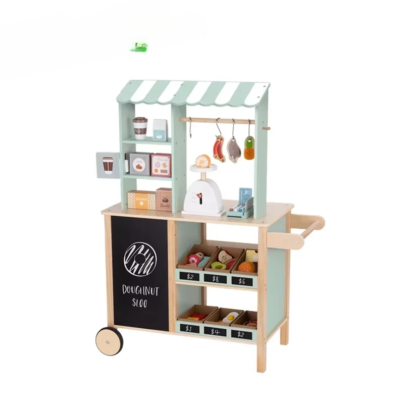 Children's Play Wooden Kitchen Toy Simulated Stall Cash Register Supermarket Shopping Cart Toys for Kids