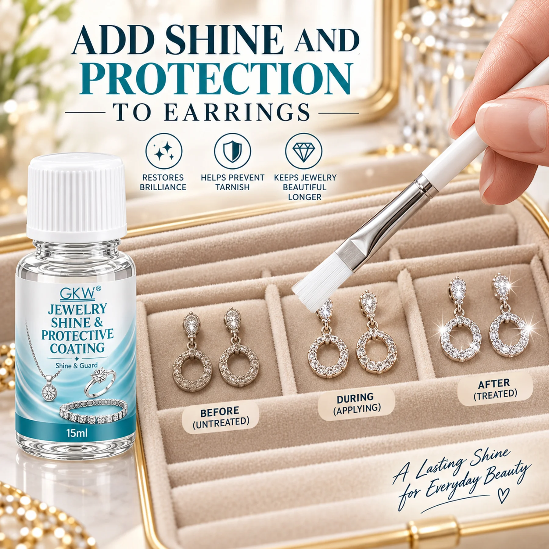 GKW Jewelry Polish & Coating for Earrings, Necklaces, Bracelets, Rings. Anti-tarnish formula stops oxidation, rust & scratches
