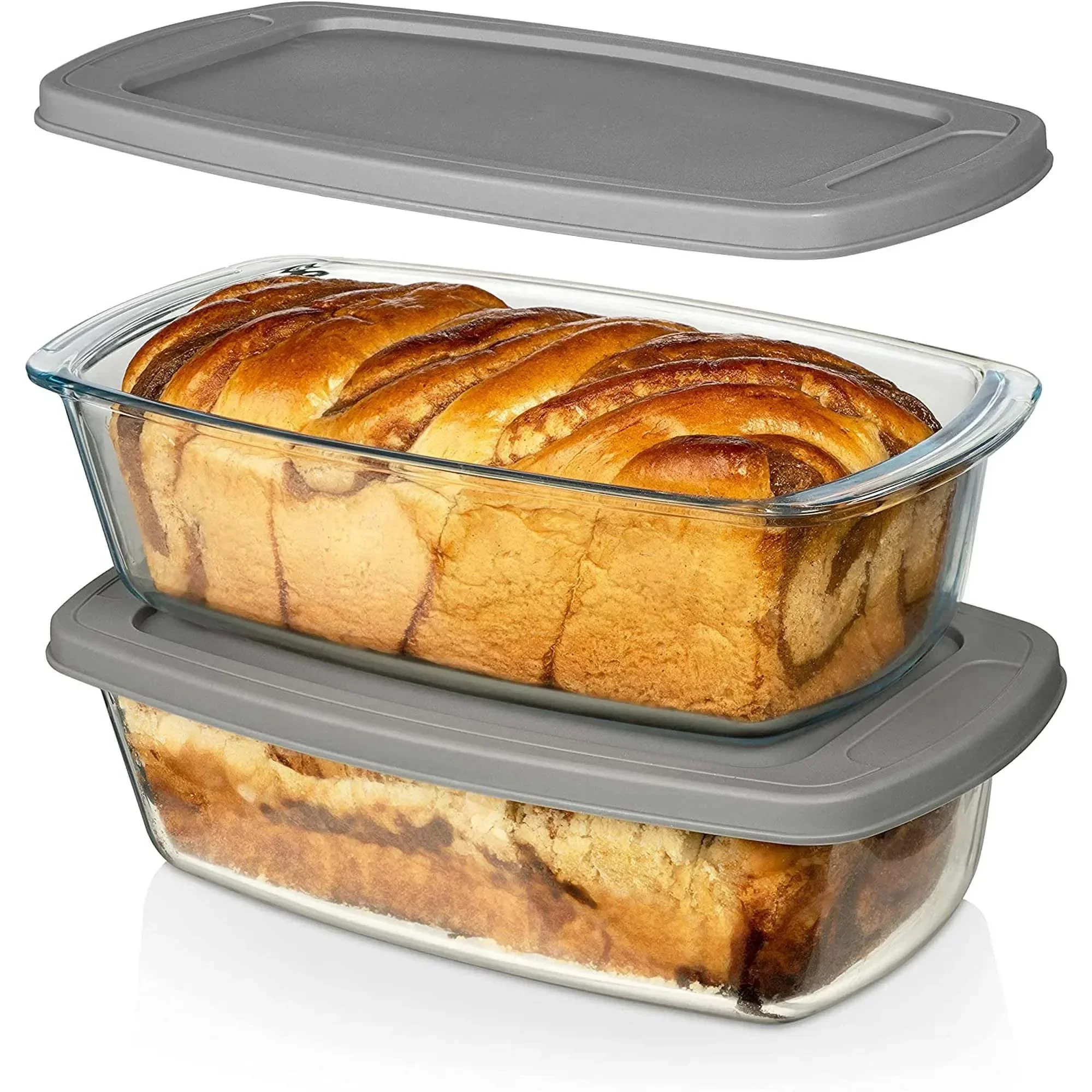 2PCS 1.8L Toast Bread Meatloaf Glass Pan with Lid Rectangular Cheesecake Baking Mode Microwave and Oven Safe Pyrex Baking Pan