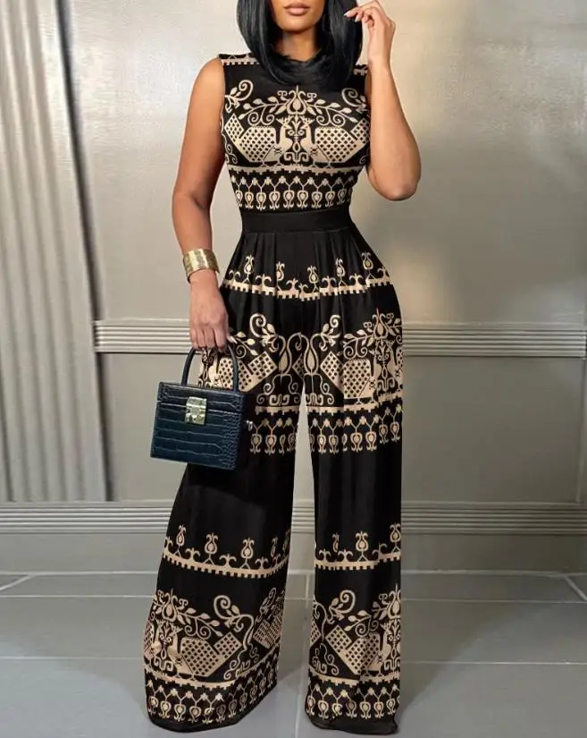 

2024 Popular Tribal Print High Waisted O-Neck Sleeveless Wide Leg Jumpsuit Y2K Street Outfit for Young Girls In Stock