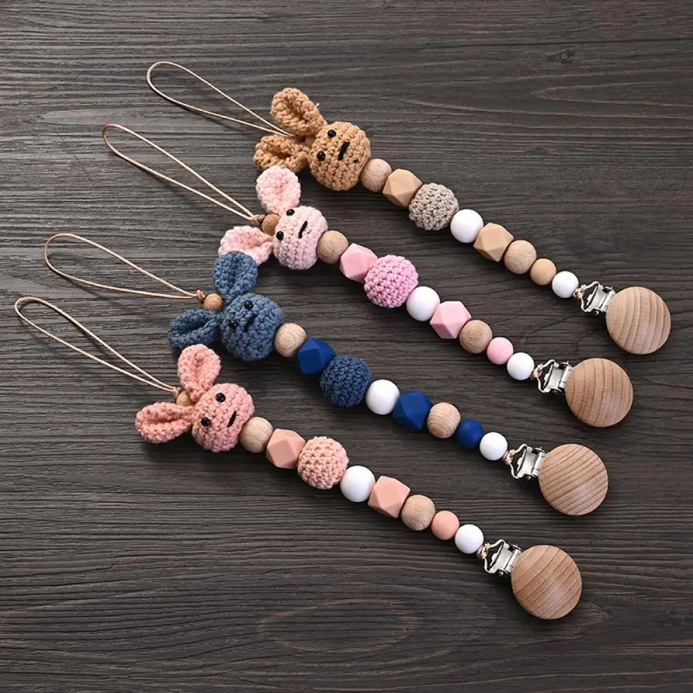Nursing Chew Toy Baby Dummy Holder Chain BPA Free New Baby Wooden Pacifier Clip Wood Crochet Rabbit Teething Soother Chain