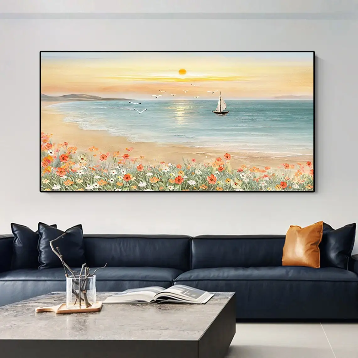 Sea View Decoration Canvas Wall Art Oil Painting Handmade Sunrise Blue Sea View Landscape For Bedroom Home Artwork Paintings