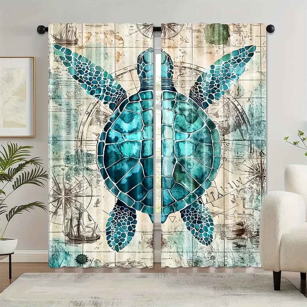 2pcs Contemporary Ocean-Inspired Polyester Curtains with Blue Sea Turtle and Starfish Prints - Ideal for Creating a Serene Coast