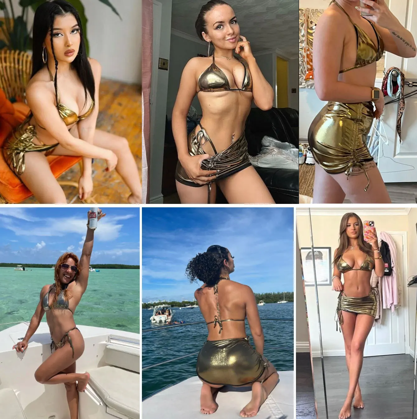 Lady's 2025 Summer Hot 3 pcs suit Leather gold shiny swimsuit brazilian bikini set with mini ruched skirt sexy beachwear outfits