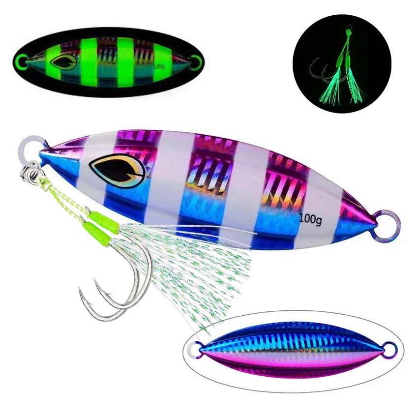 1pcs High quality Metal Night Glow Slow Jig Fishing Lure 40g 60g-200g Sinks Quickly Deep Sea Boat Fishing Marlin Mackerel Bait view 6