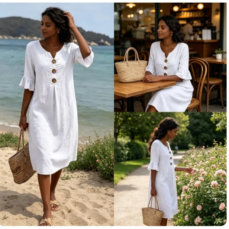 2026 Spring Summer Linen V Neck Big Button Ruffled  Women‘s Casual MaxiBreathable & Flowy  Perfect for Beach Vacation Office
