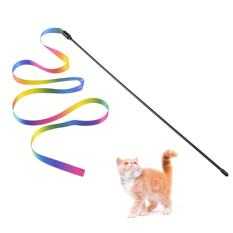 Interactive Cat Toys Teasing Catd Stick Funny Rainbow Strips Cat Stick Toys Kitten Playing Teaser Wand Toy Pet Supplies