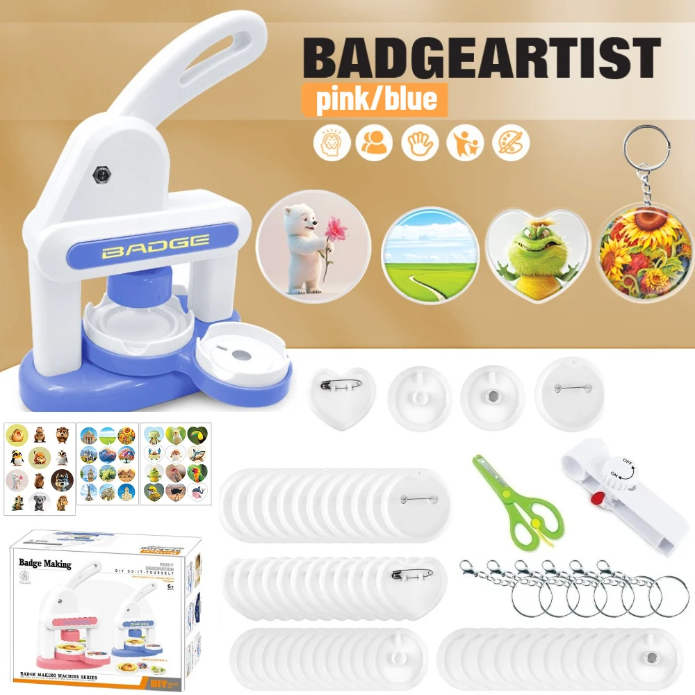 

Blue/Pink Badge Maker Machine with 3 Pins Sharp Upgrade Button Maker with 86 Pcs Button Parts Circle Cutter Installation-Free