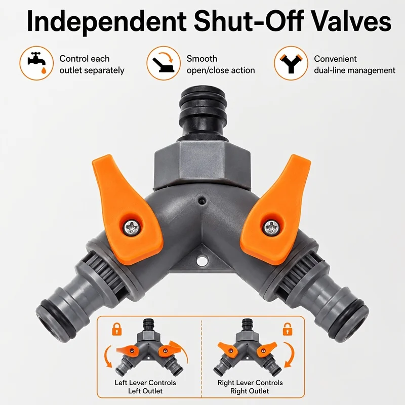 4Garden hose three-way splitter，With separate shut-off valve，1An entrance and2An outlet，Belt3Plastic of a quick connectorYShaped