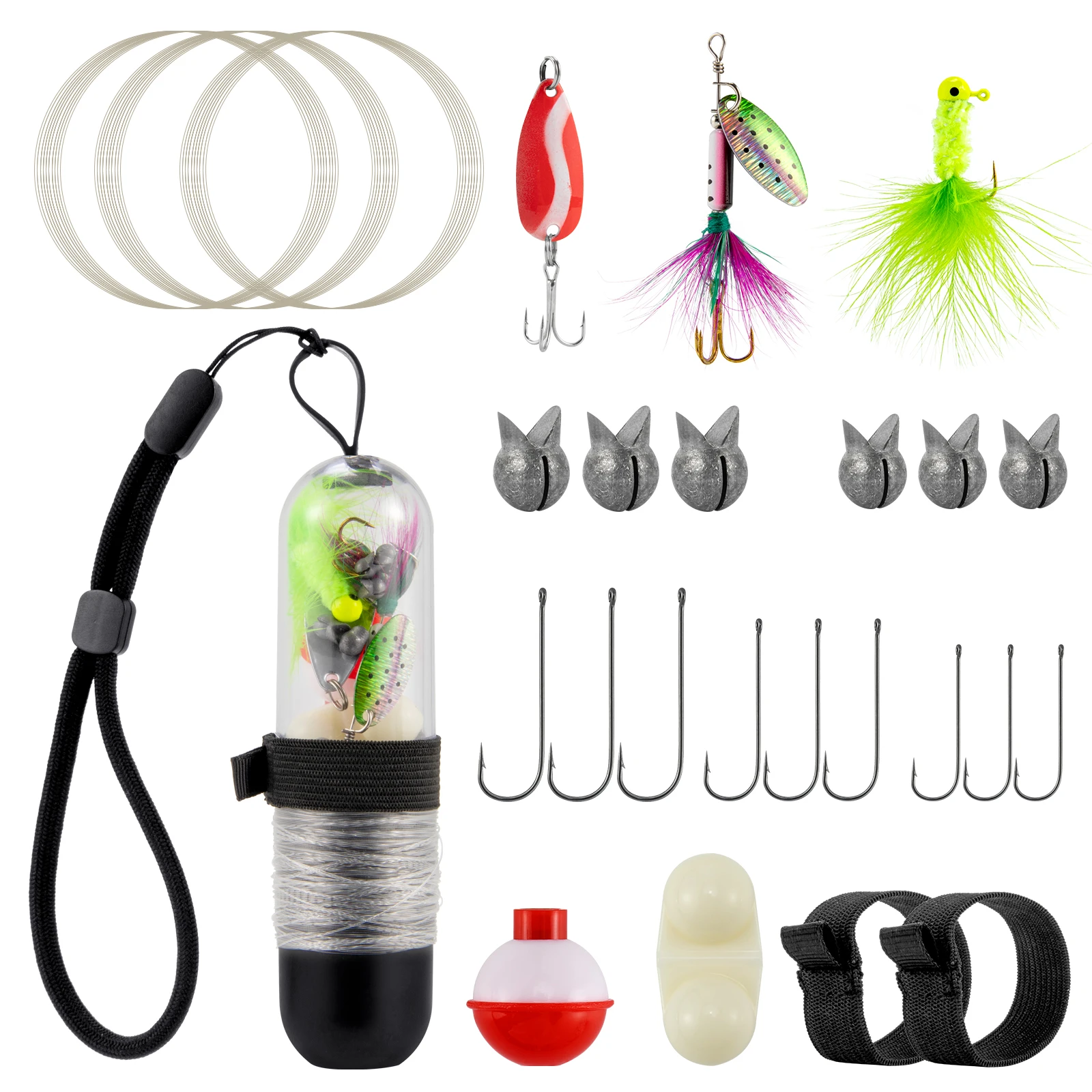 25 pçs kit de pesca sobrevivência bolso carretel linha gabarito cabeça gancho colher girador isca caminhadas acampamento ferramenta pesca baixo crappies truta