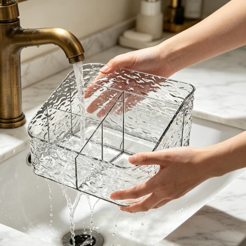 Water Ripple 5‑Compartment Cosmetic Organizer Clear Plastic Makeup Storage Tray Countertop Holder for Bathroom Vanity